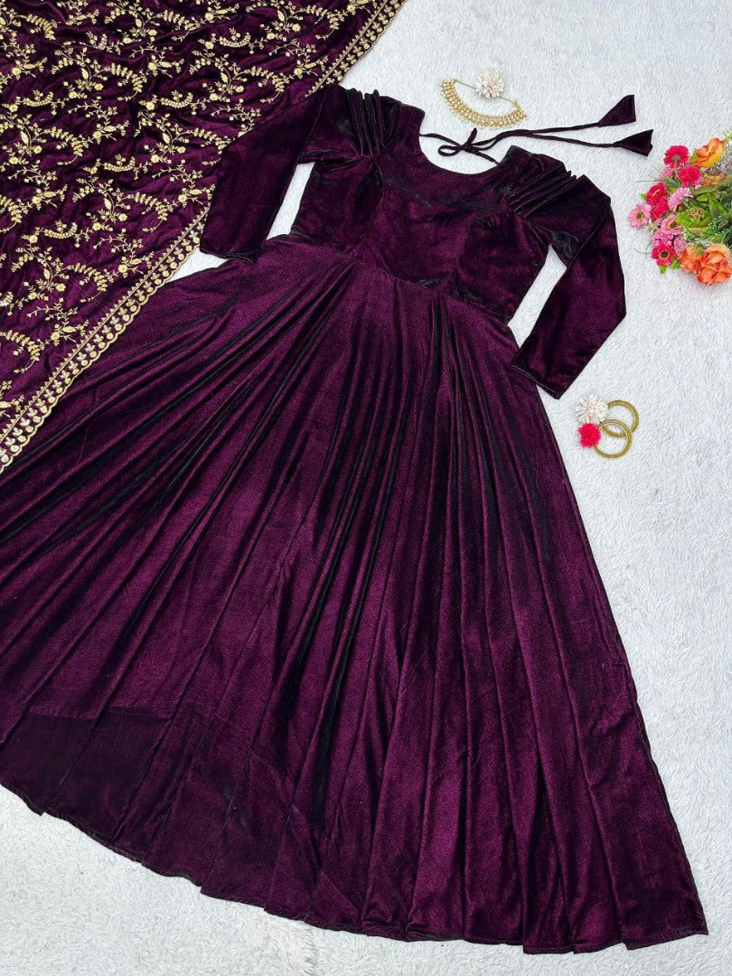 Wine velvet party wear gown with heavy dupatta
