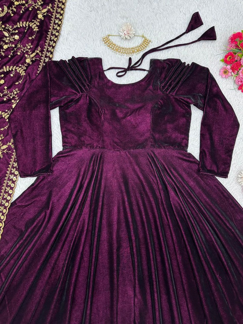 Wine velvet party wear gown with heavy dupatta