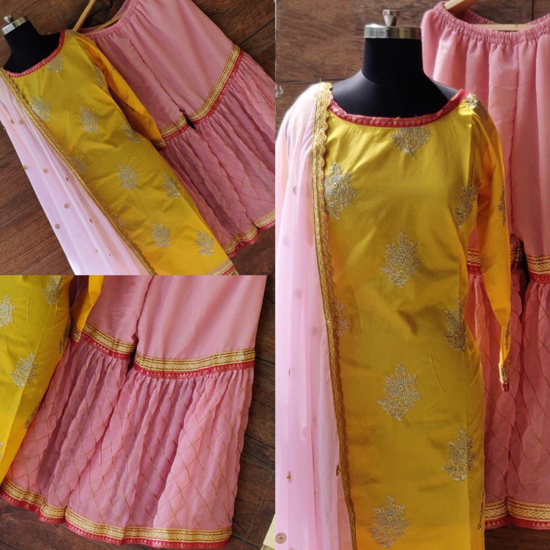 yellow and baby pink beautiful embroidered sharara salwar suit