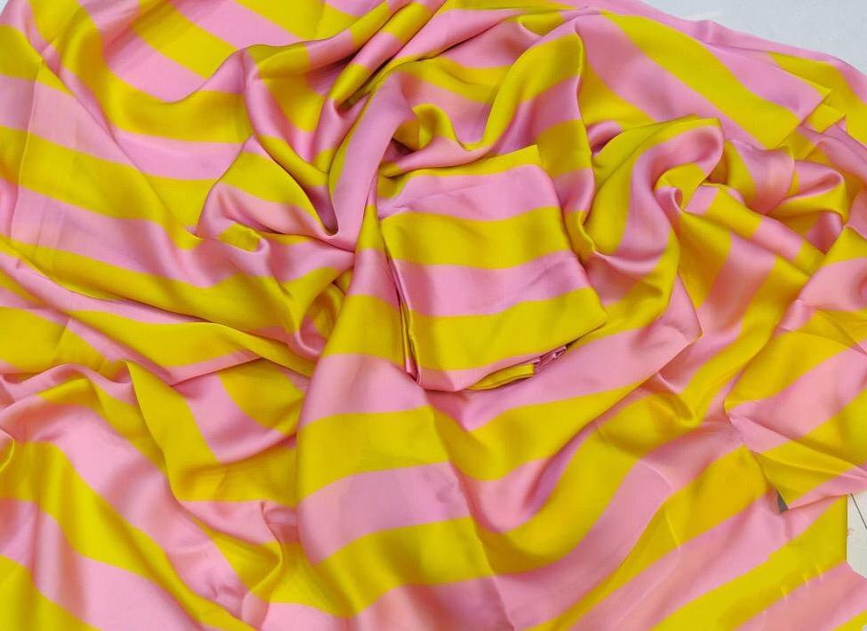 Yellow and baby pink stripe satin georgette digital printed saree