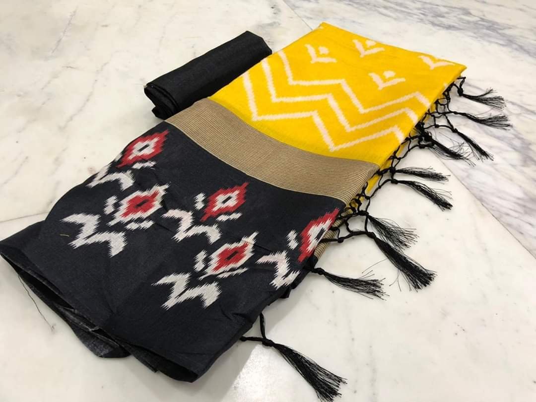 Yellow and black printed khadi silk saree