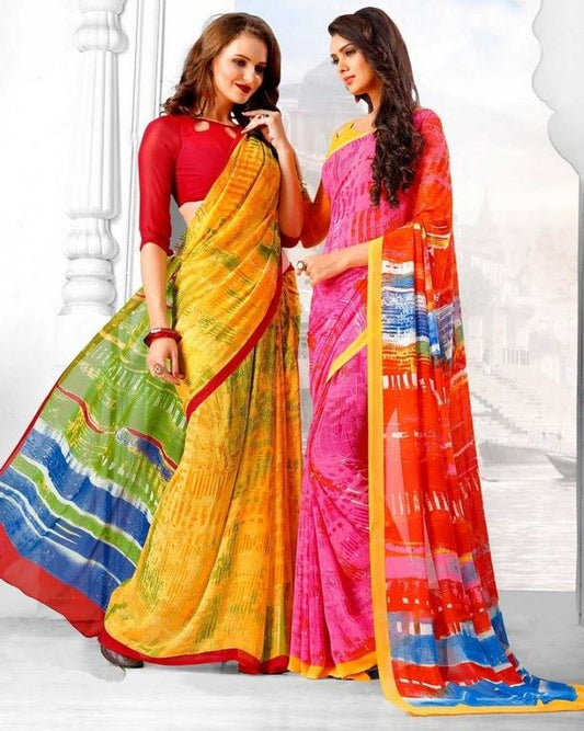 Yellow & Green Colored Lesar Georgette Digital Printed Saree