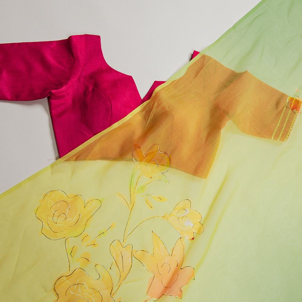 Yellow and green floral and foil print organza saree