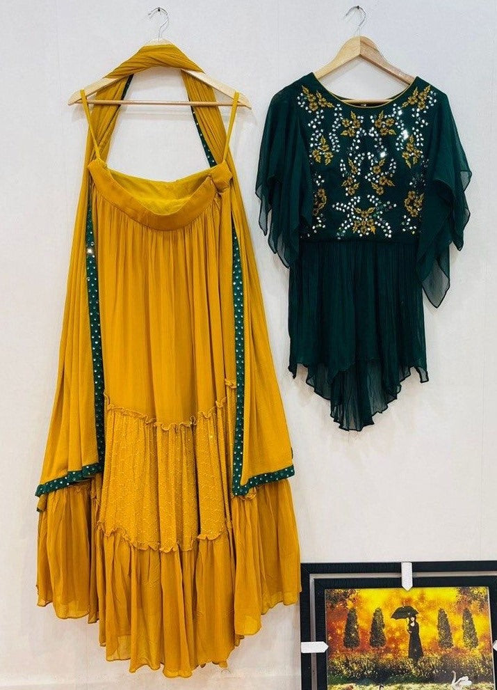 Yellow and green georgette embroidered ruffle layer lehenga with long top