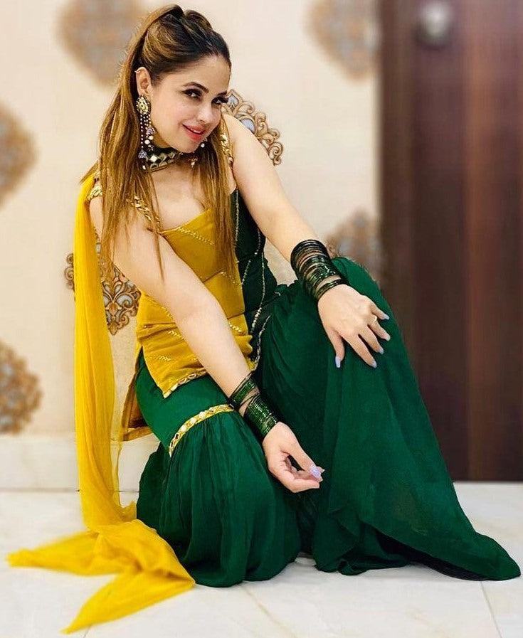 Yellow and green georgette sharara suit