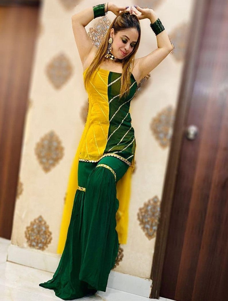 Yellow and green georgette sharara suit