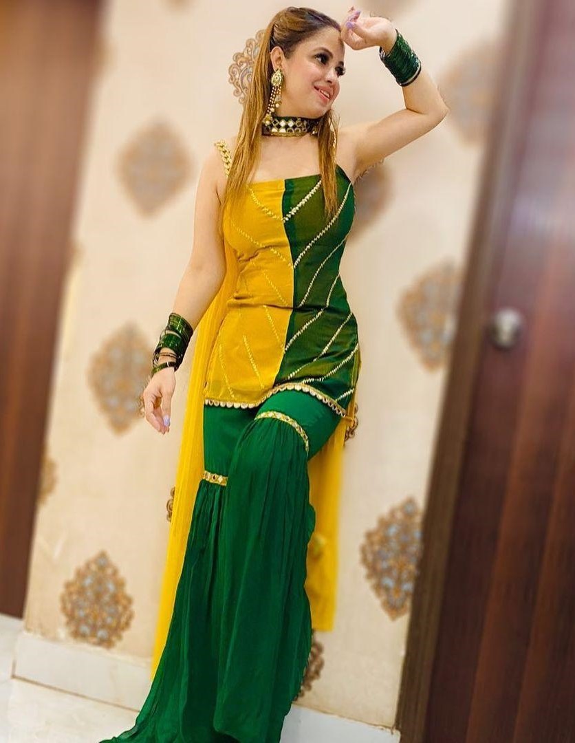 Yellow and green georgette sharara suit