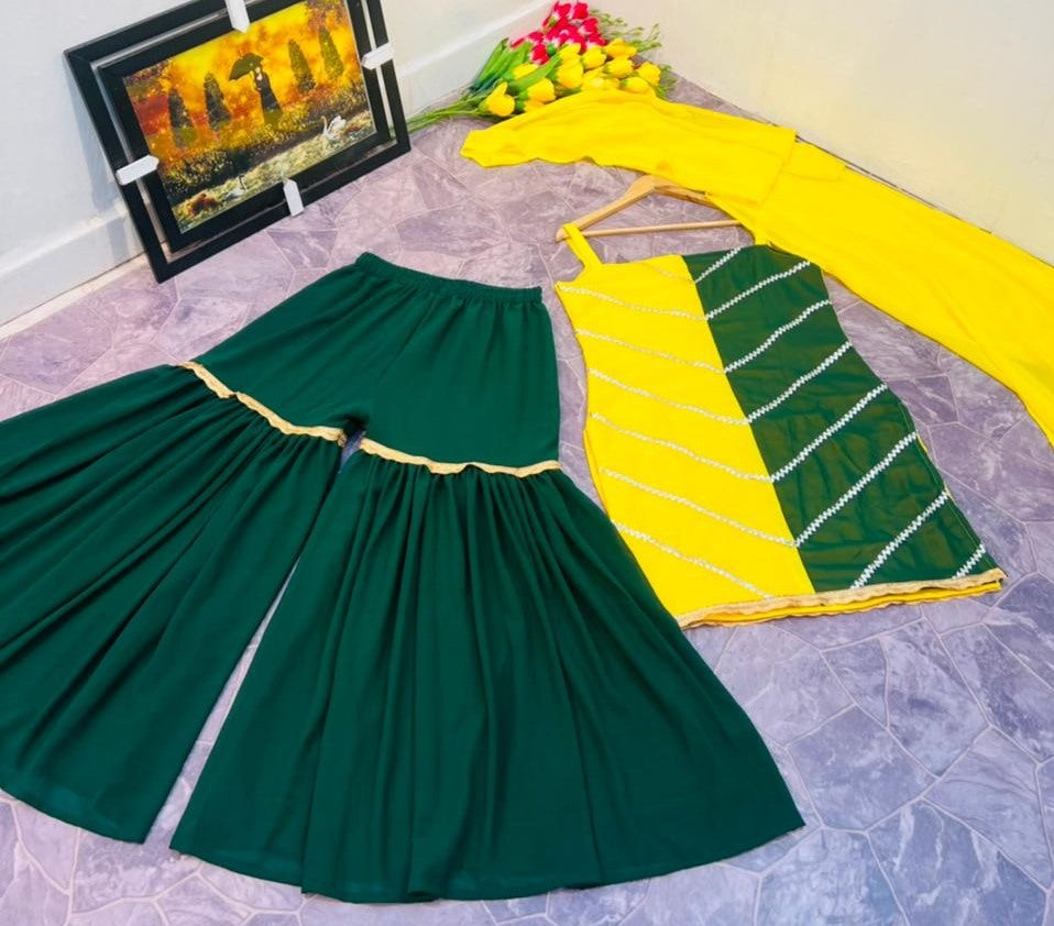Yellow and green georgette sharara suit