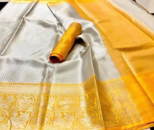 Yellow and grey banarasi jacquard silk saree