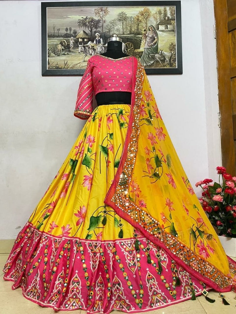Yellow and pink butter silk print and mirror work navratri lehenga choli