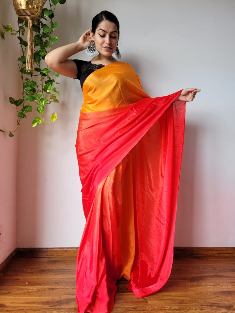 Yellow and red chinon silk ready to wear one minute partywear saree