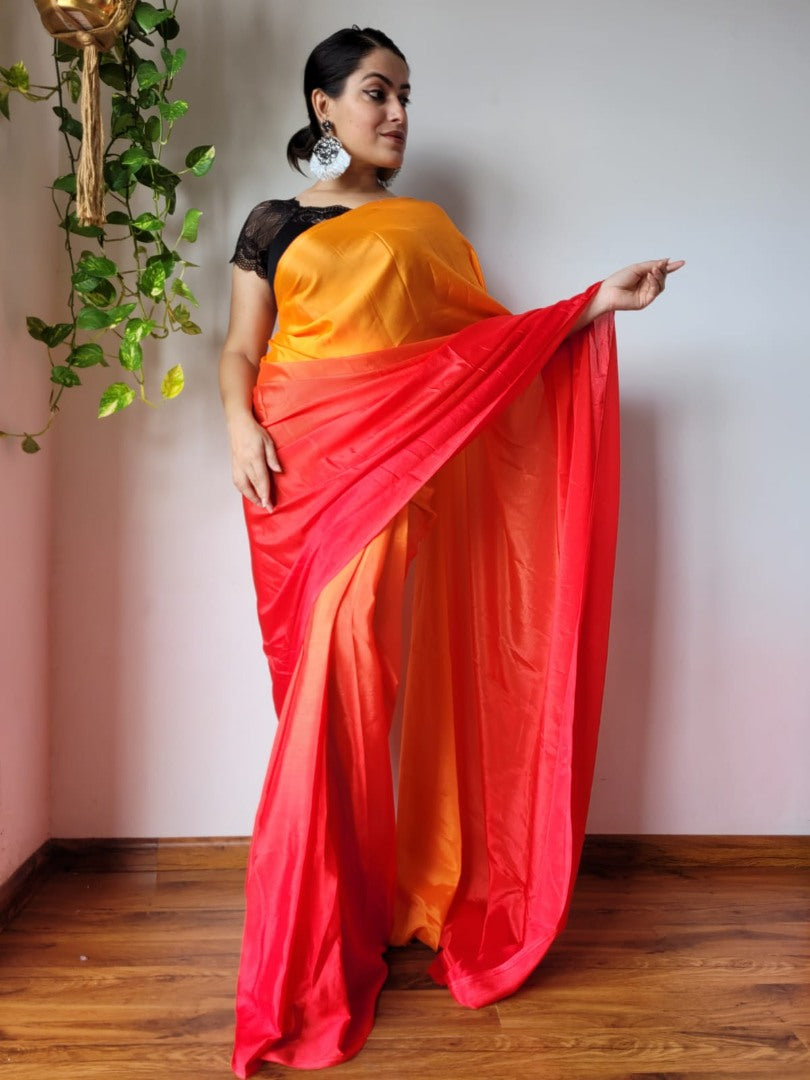 Yellow and red chinon silk ready to wear one minute partywear saree