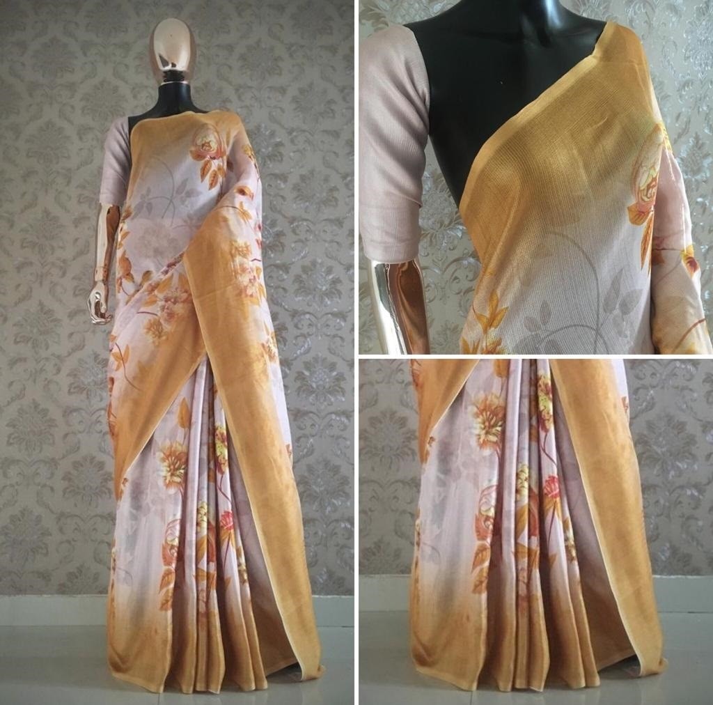Yellow and white multicolor printed jute saree