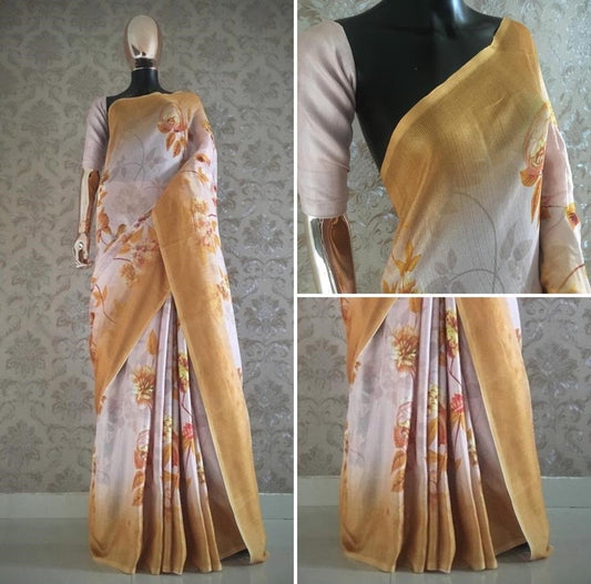 Yellow and white multicolor printed jute saree