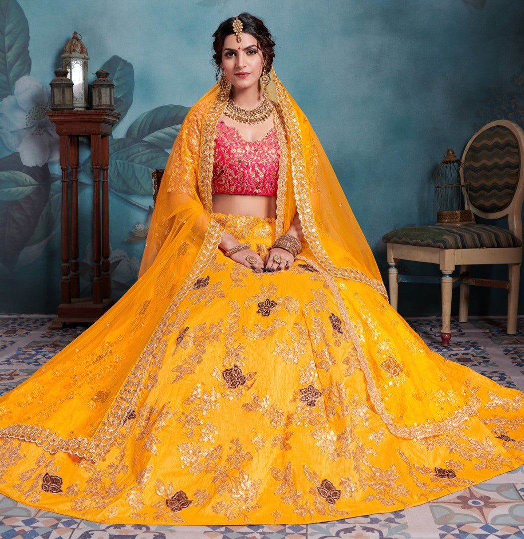 Yellow art silk designer wedding lehenga choli