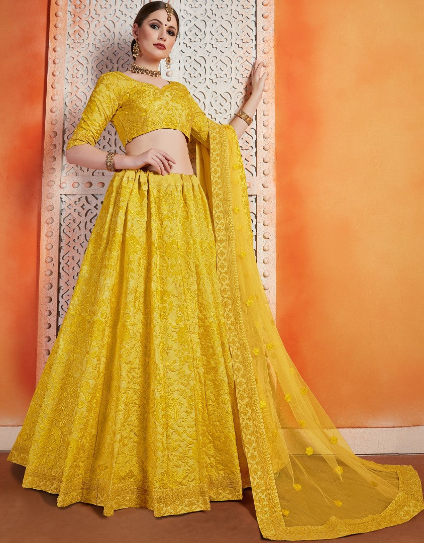 Yellow art silk thread work party wear & bridal lehenga choli