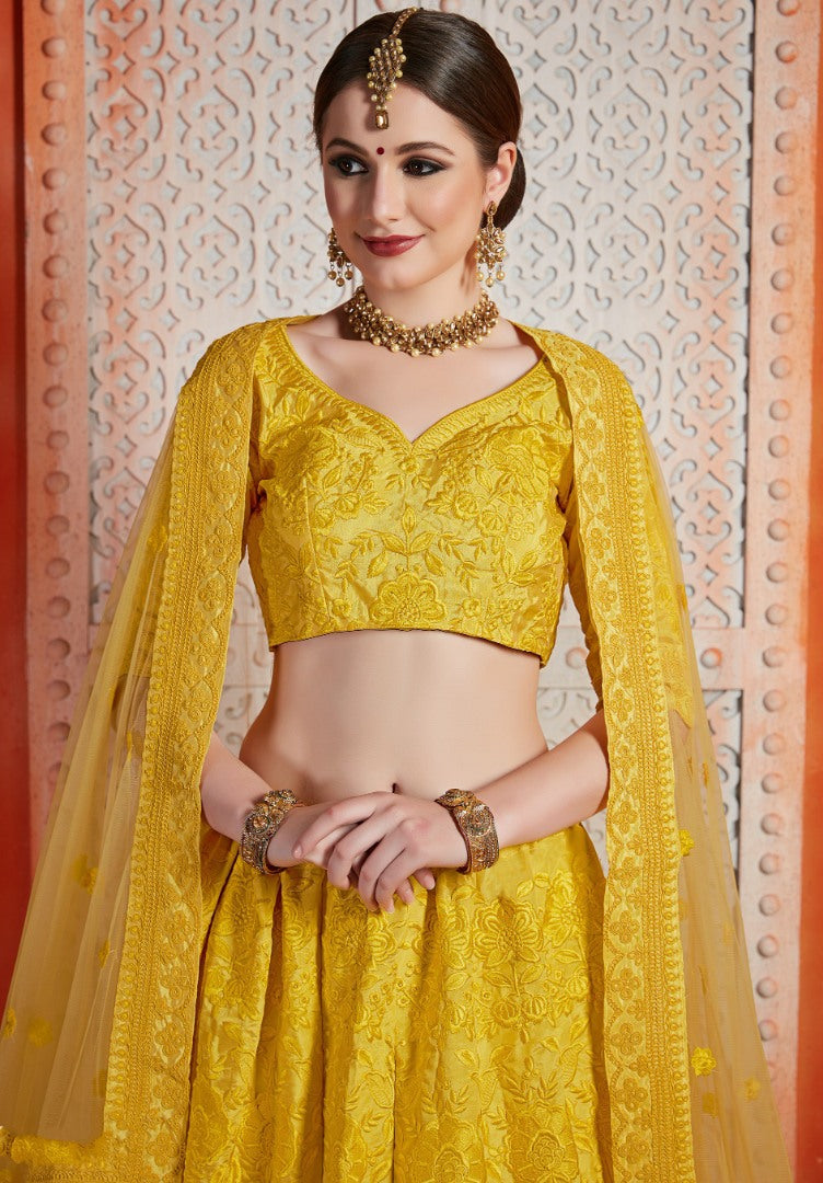 Yellow art silk thread work party wear & bridal lehenga choli