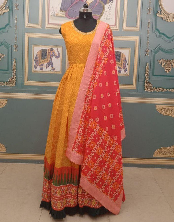 Yellow bandhani patola printed anarkali gown