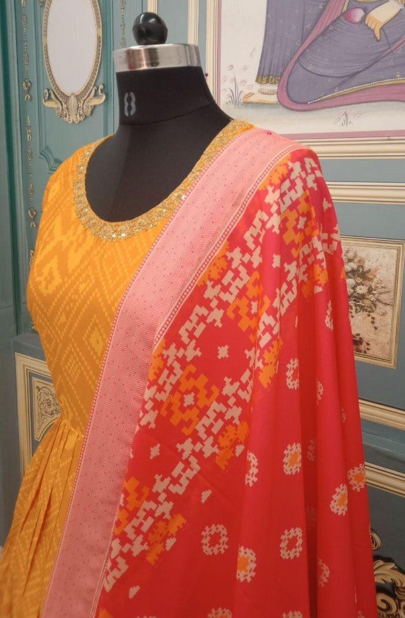 Yellow bandhani patola printed anarkali gown