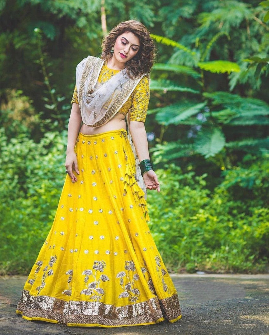 yellow banglori satin embroidered ceremonial lehenga