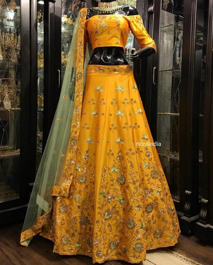 yellow banglori silk designer embroidered lehenga choli