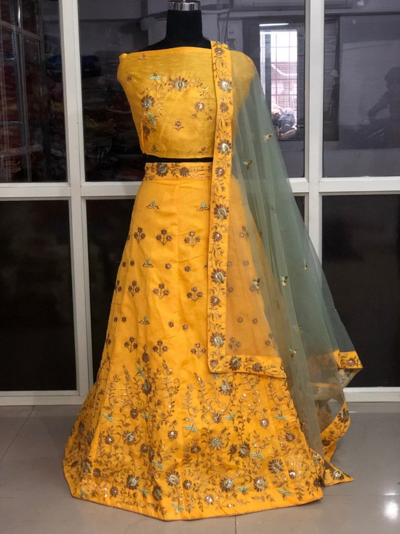 yellow banglori silk designer embroidered lehenga choli
