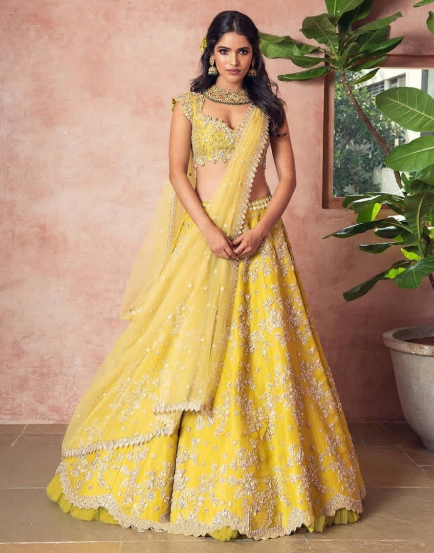 yellow banglory satin heavy embroidered wedding lehenga choli