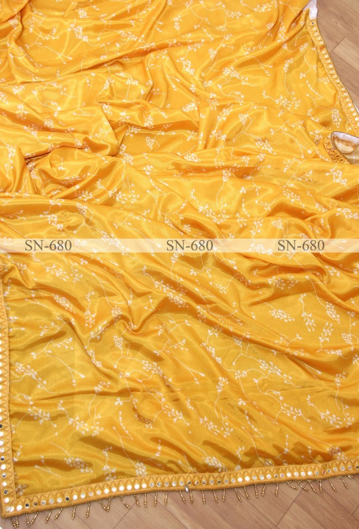 Yellow chinon silk printed paper mirror work border saree