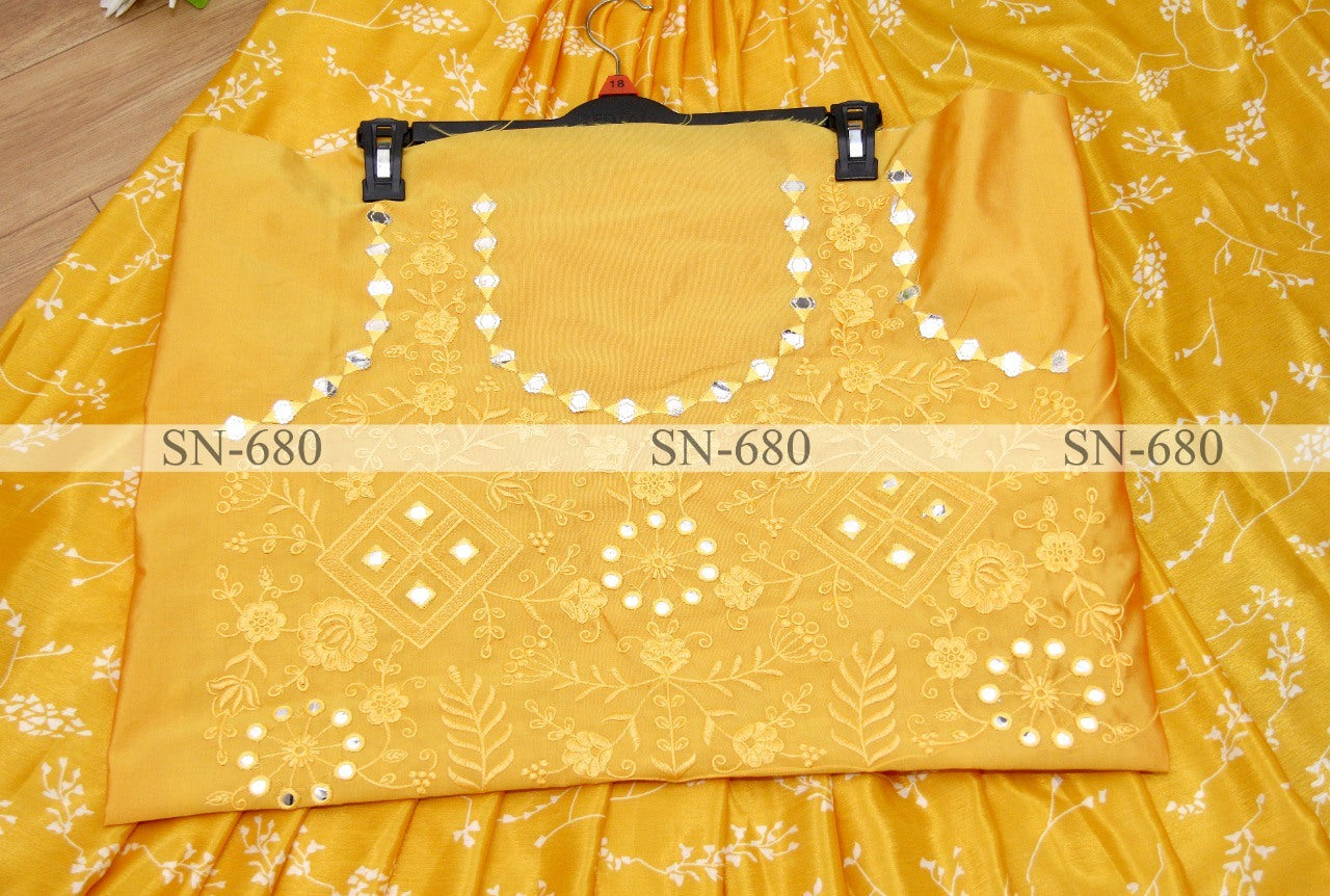 Yellow chinon silk printed paper mirror work border saree
