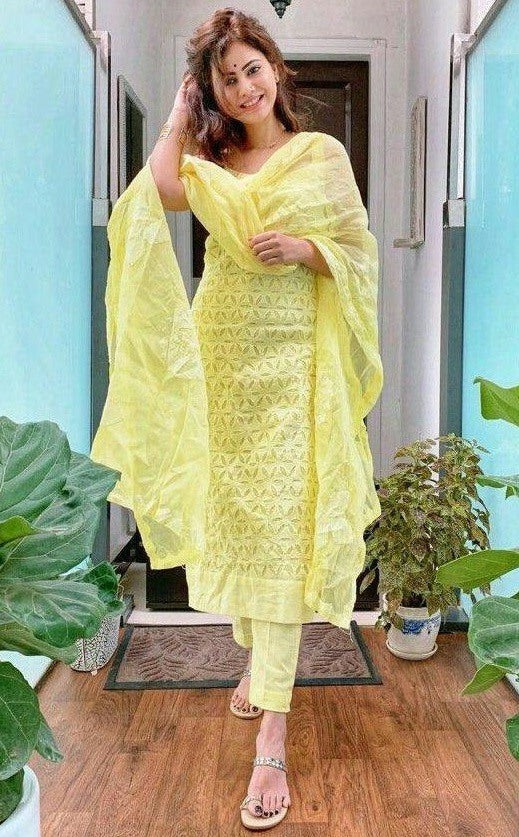 Yellow cotton embroidery salwar suit