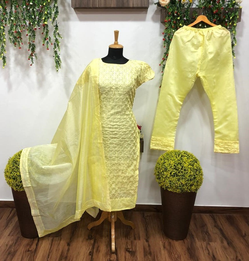 Yellow cotton embroidery salwar suit