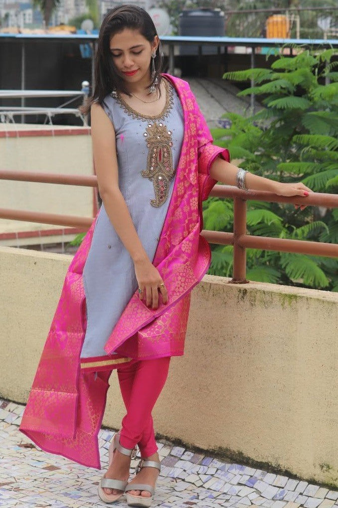 yellow cotton handworked churidar salwar suit