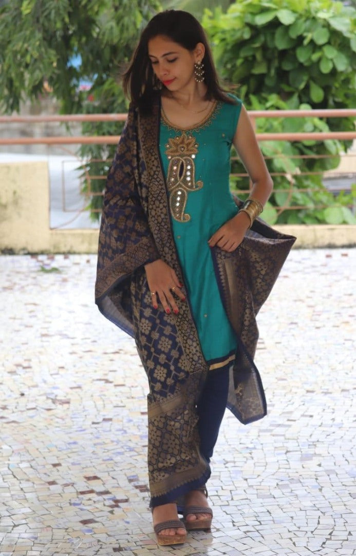 yellow cotton handworked churidar salwar suit