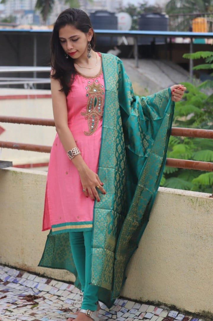 yellow cotton handworked churidar salwar suit