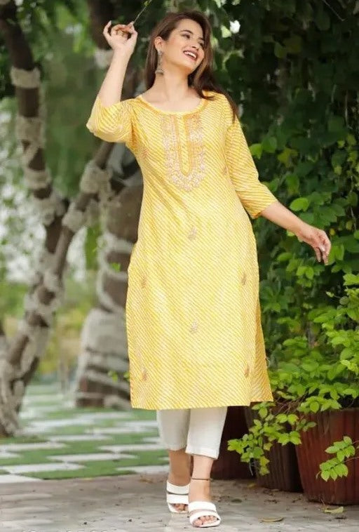 Yellow cotton lehariya printed straight kurti