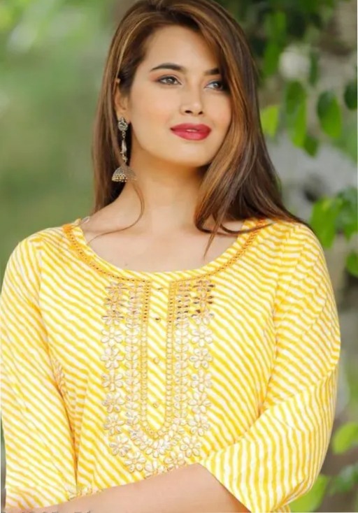 Yellow cotton lehariya printed straight kurti