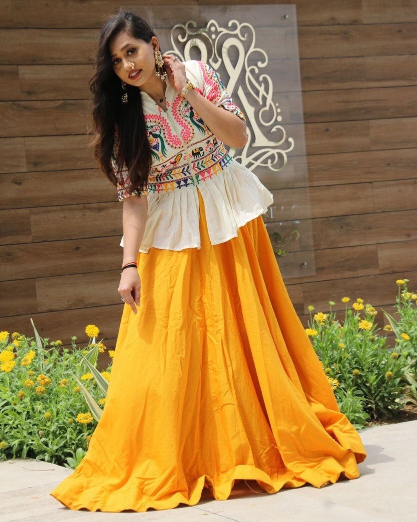Yellow cotton lehenga with embroidery work crop top