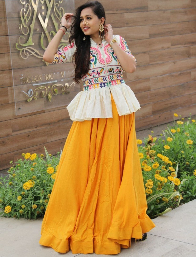 Yellow cotton lehenga with embroidery work crop top