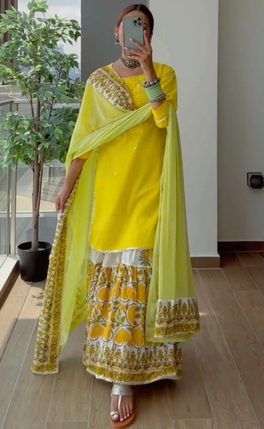 Yellow cotton moti work and printed sharara suit