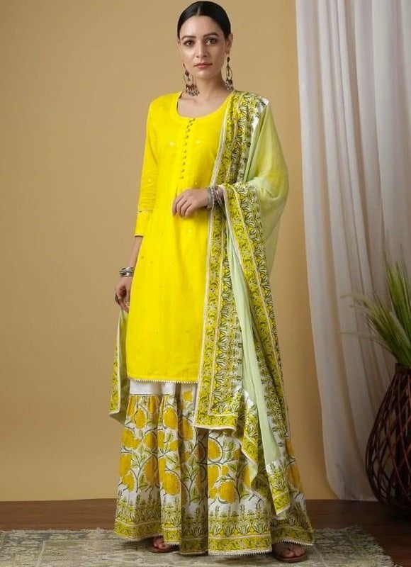 Yellow cotton moti work and printed sharara suit