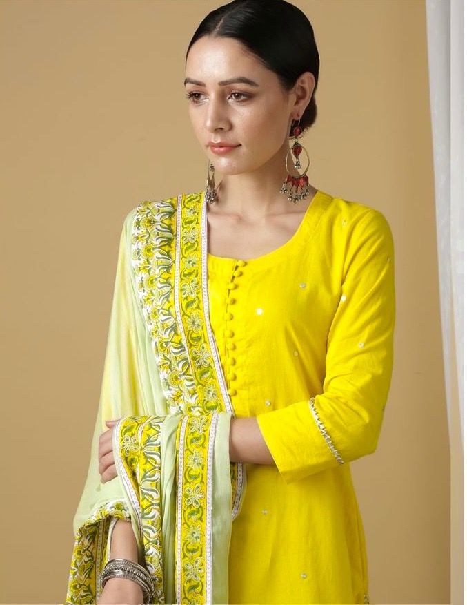 Yellow cotton moti work and printed sharara suit