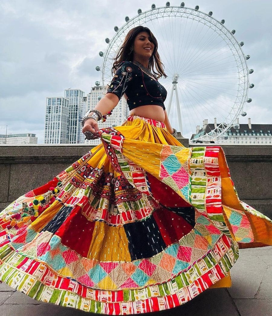 Yellow cotton print and mirror work gujarati garba navratri lehenga chaniya choli