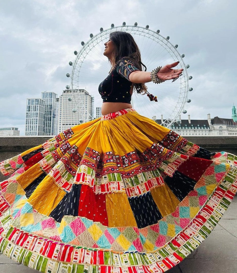 Yellow cotton print and mirror work gujarati garba navratri lehenga chaniya choli