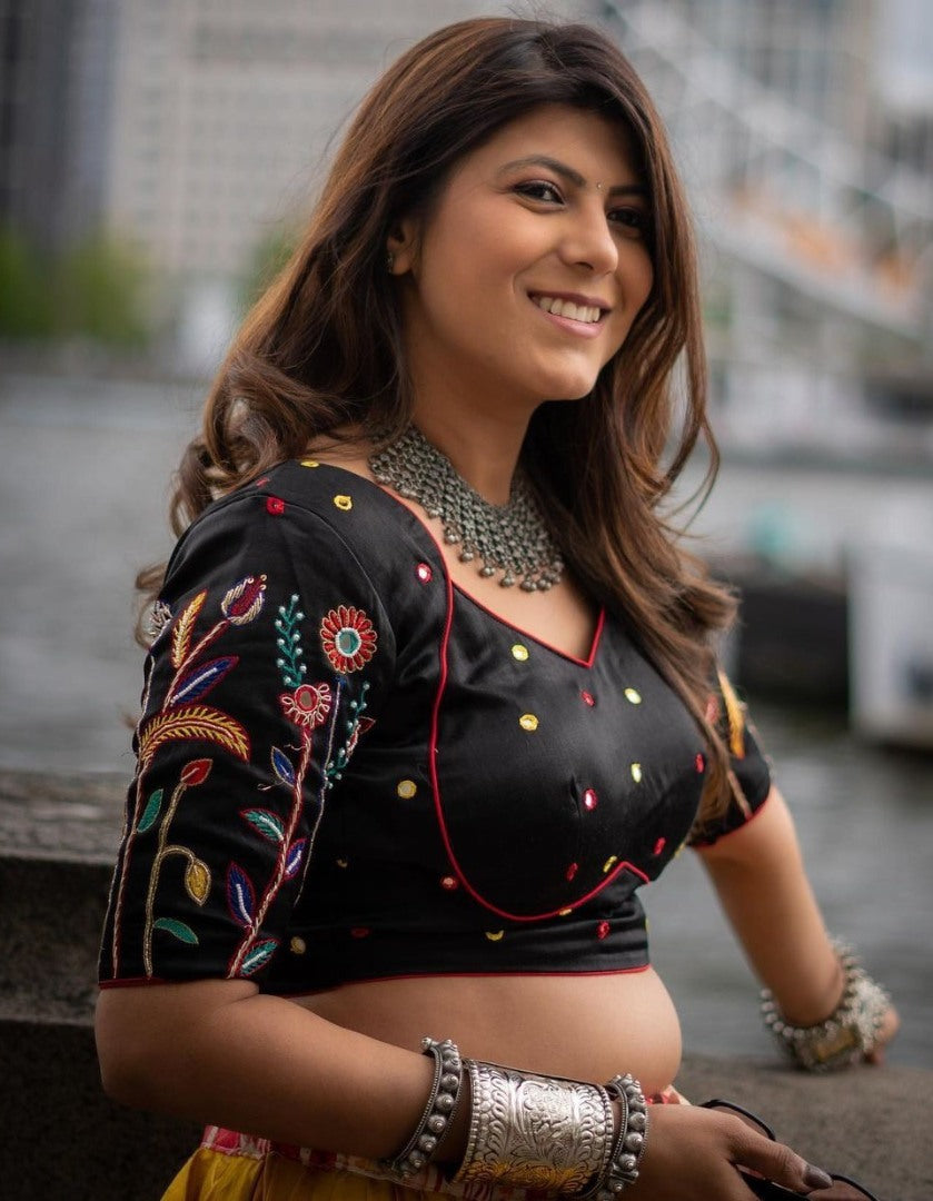 Yellow cotton print and mirror work gujarati garba navratri lehenga chaniya choli