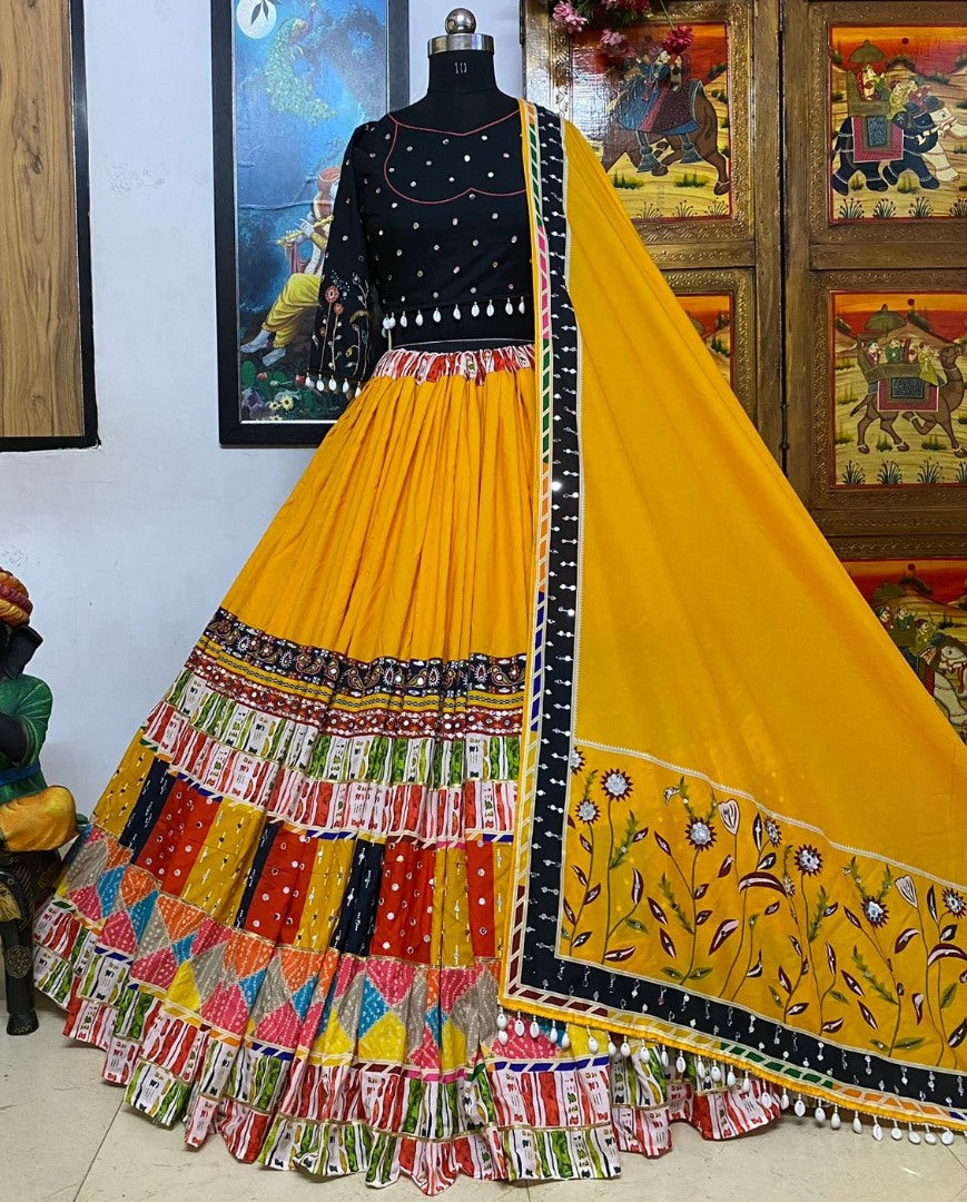 Yellow cotton print and mirror work gujarati garba navratri lehenga chaniya choli