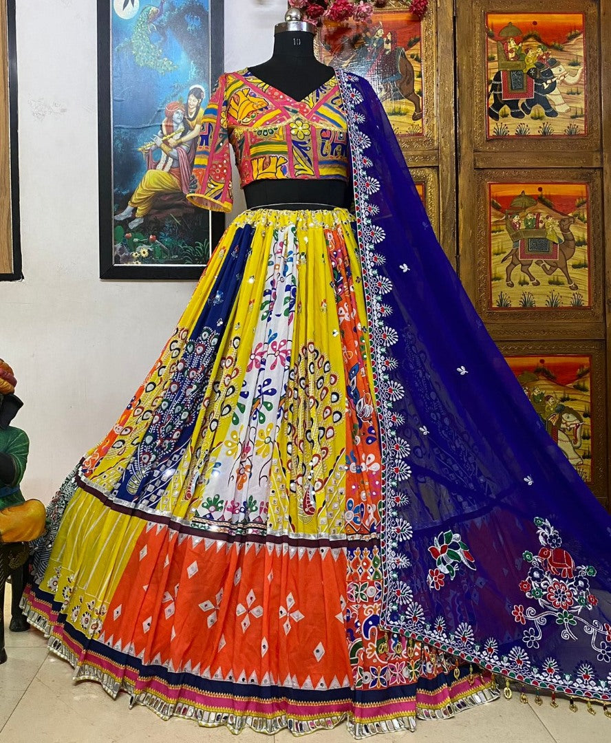 Yellow cotton print mirror work gujarati garba navratri lehenga chaniya choli