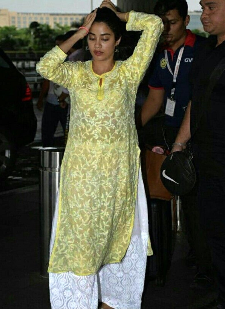 Yellow cotton thread embroidered plazzo kurti