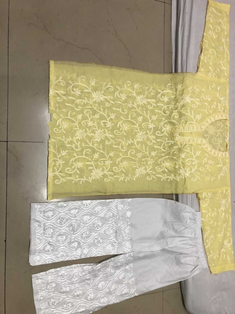 Yellow cotton thread embroidered plazzo kurti