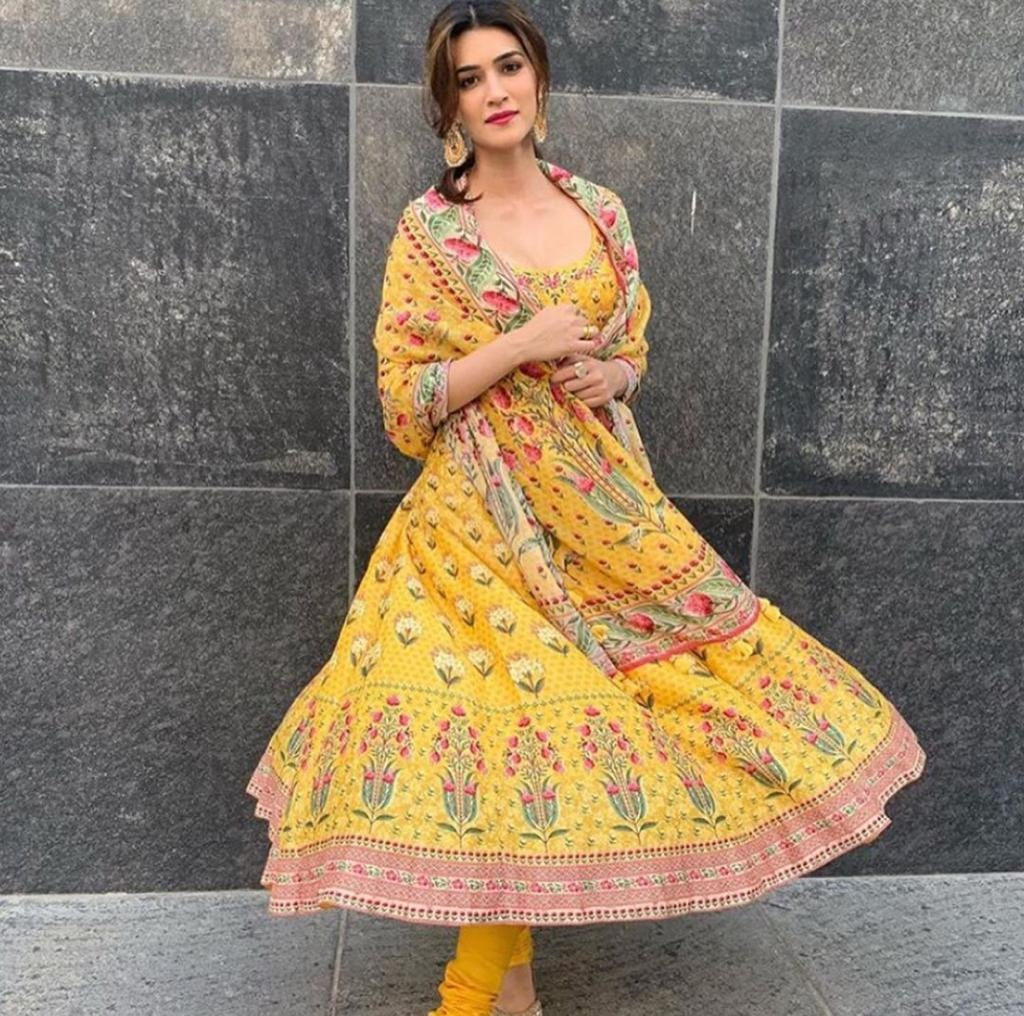 Yellow crepe digital printed anarkali suit