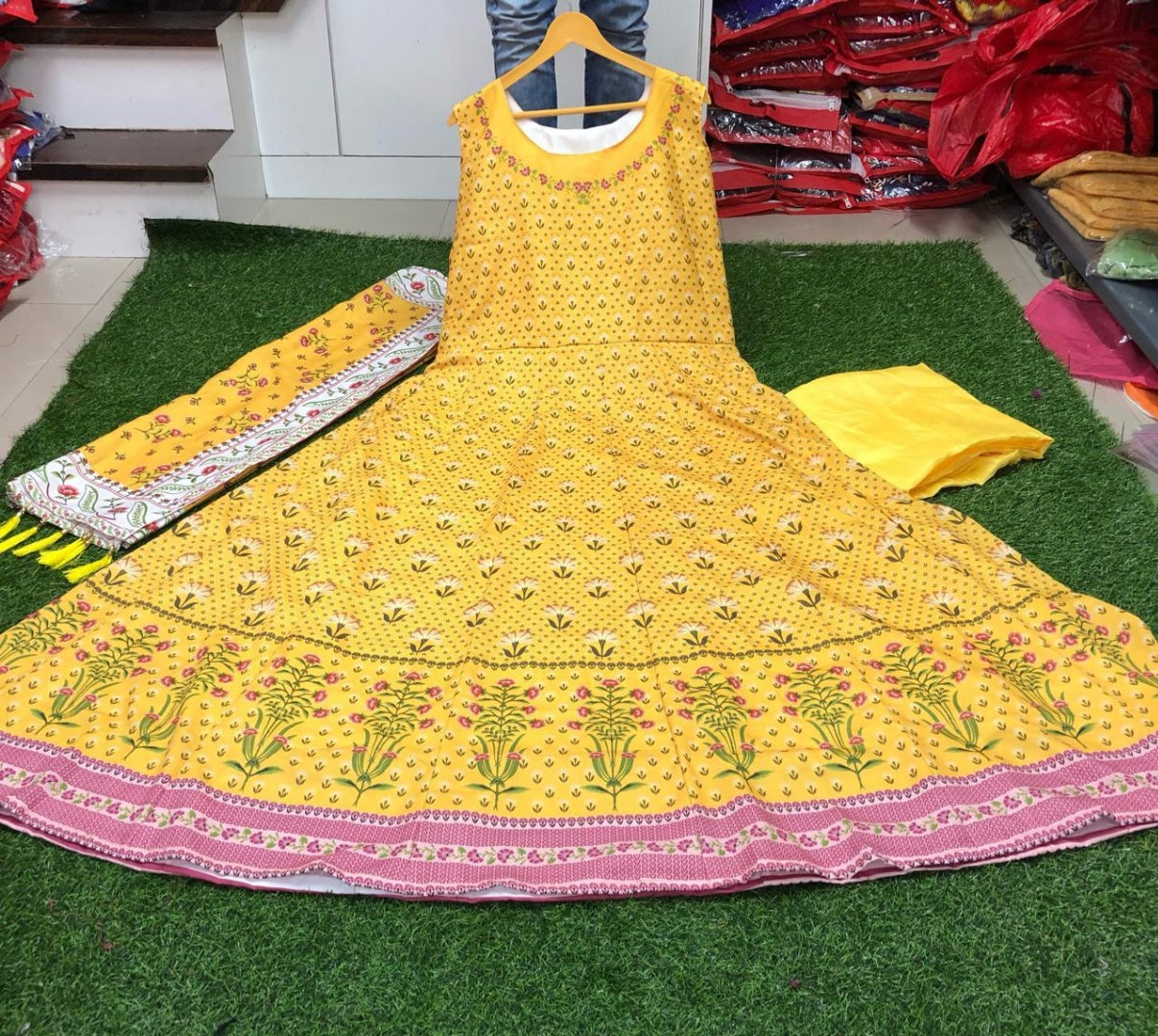 Yellow crepe digital printed anarkali suit